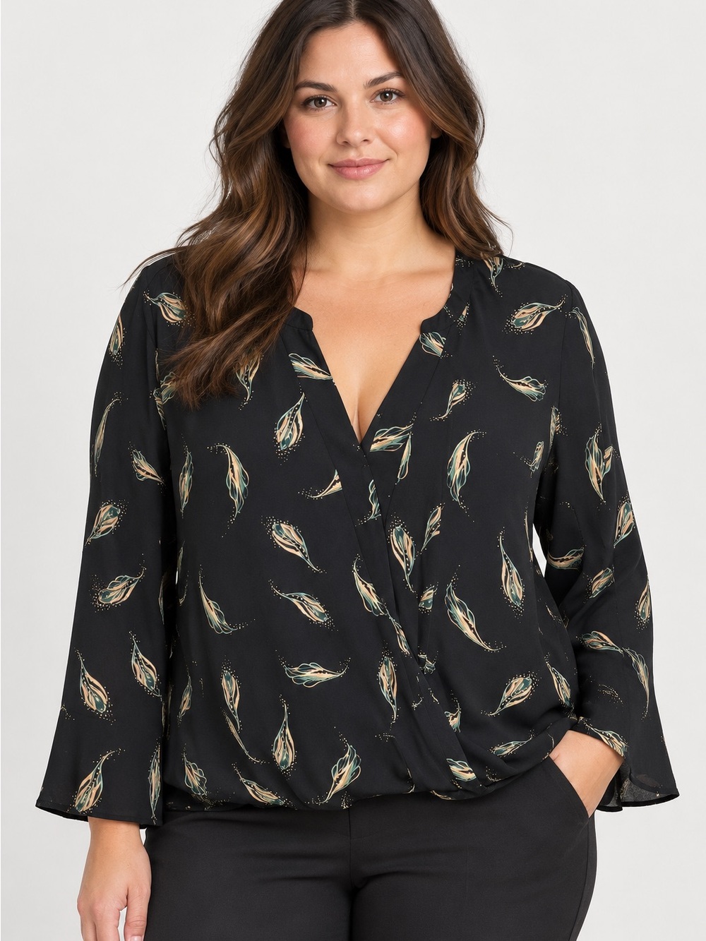 Cooper & Ella Black Feather Print Wrap Blouse L